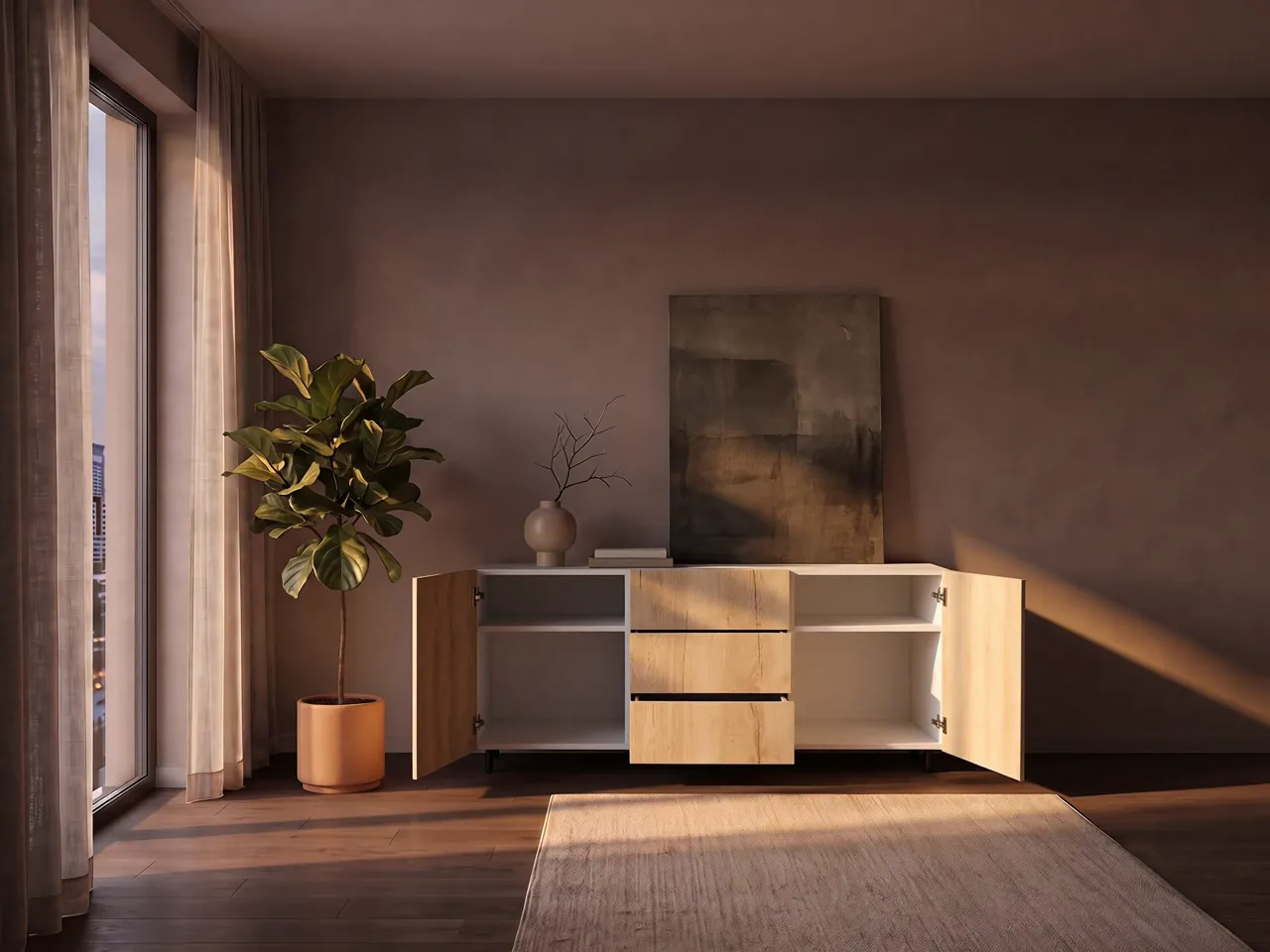 Sideboard nach Maß in Eiche mit geöffneten Türen und ausgezogenen Schubkästen in einem modernen Wohnraum, Visualisierung