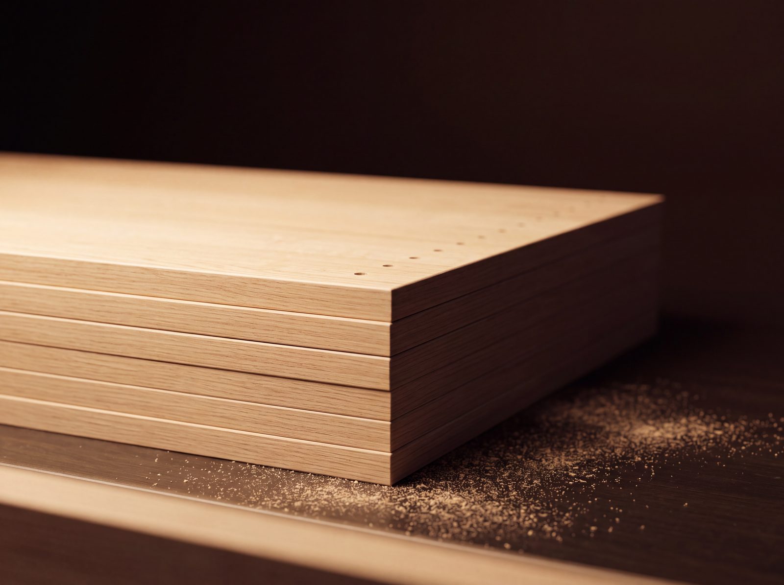 Stapel frisch zugeschnittener Platten in Eiche mit 2-mm-Kante und Lochreihe auf einer Werkbank, Visualisierung