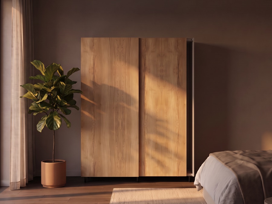 Kleiderschrank nach Maß in Eiche in einem modernen Raum im Abendlicht, Visualisierung