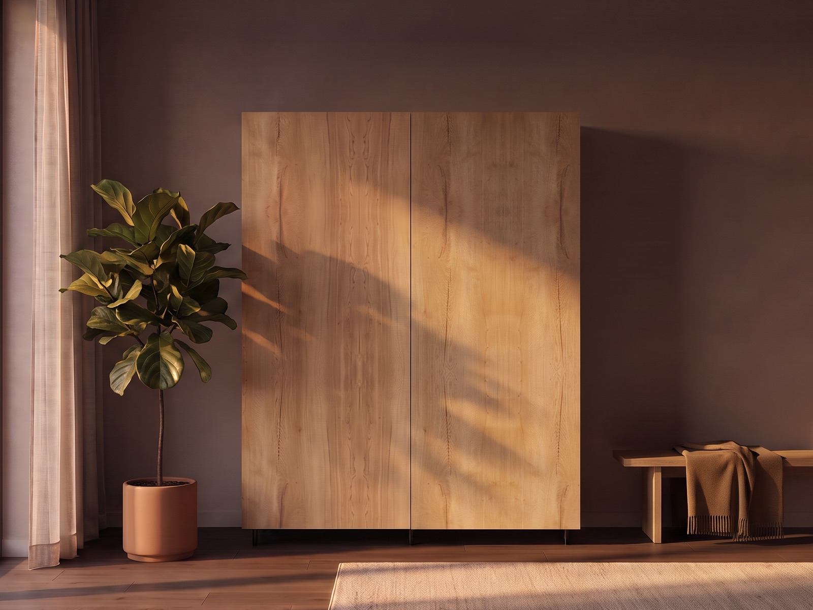 Zweitüriger Schrank nach Maß in Eiche, frei an der Wand eines modernen Wohnraums, Visualisierung