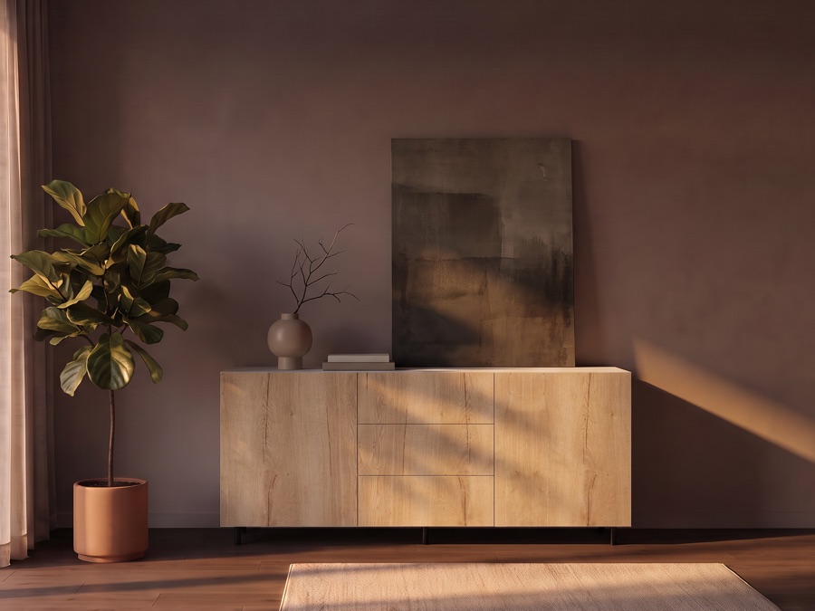 Sideboard nach Maß in Eiche in einem modernen Raum im Abendlicht, Visualisierung