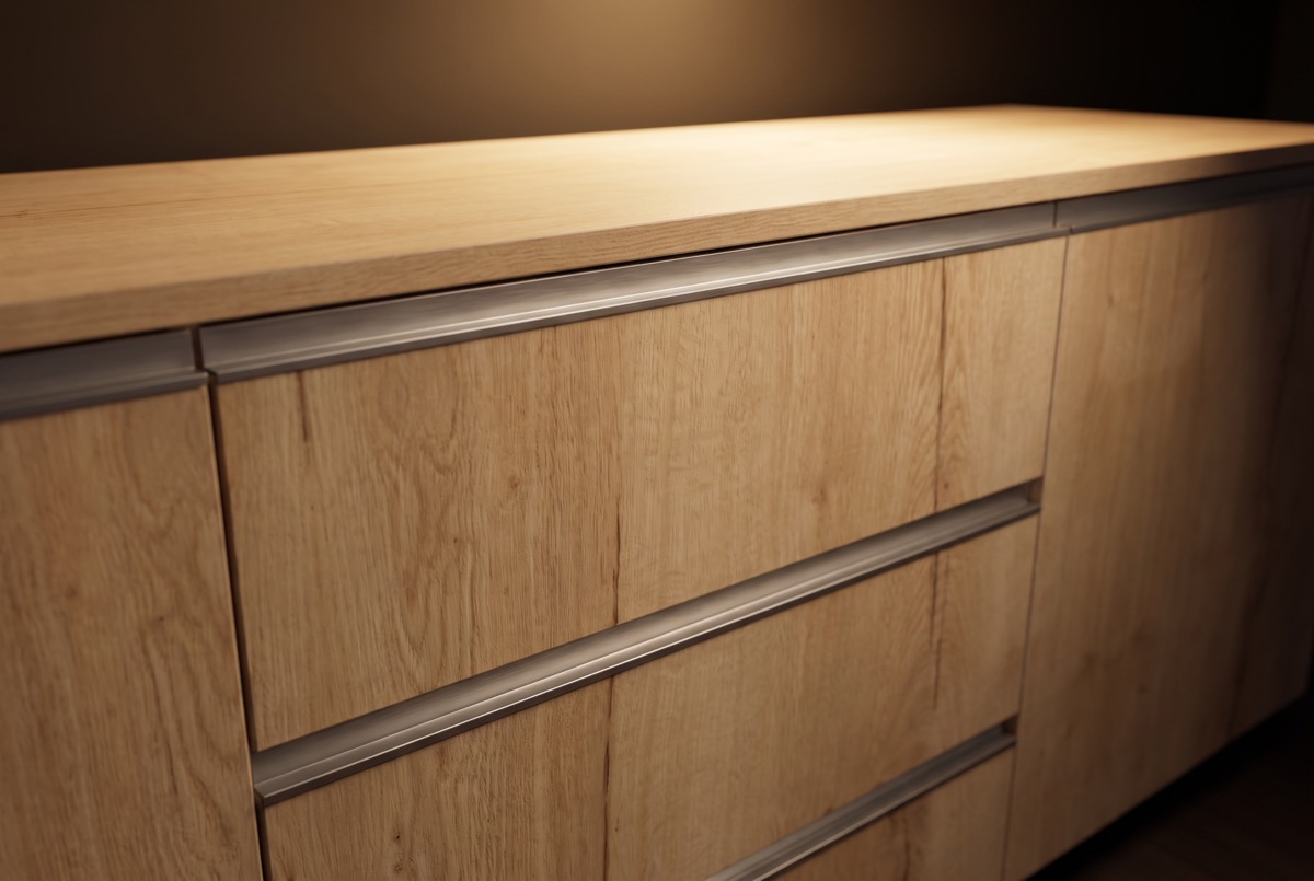 Nahaufnahme einer Sideboard-Front in Eiche mit Griffleiste aus Edelstahl, Visualisierung